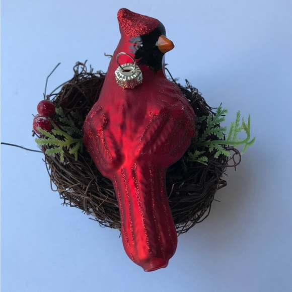 Red Glass Cardinal in nest Christmas Ornament - Picture 3 of 3